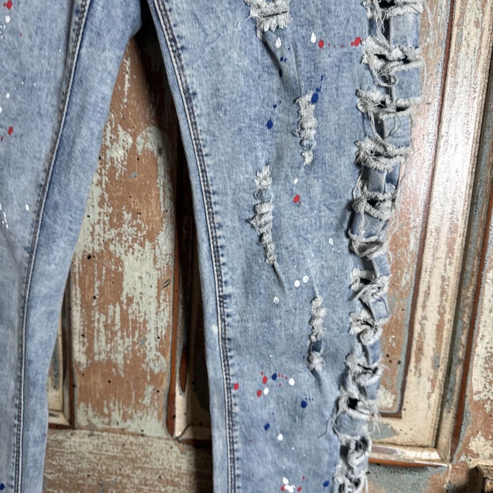 Pink Label Denim Co Jeans Size 7 Distressed Splatter Paint Stretch Skinny EUC